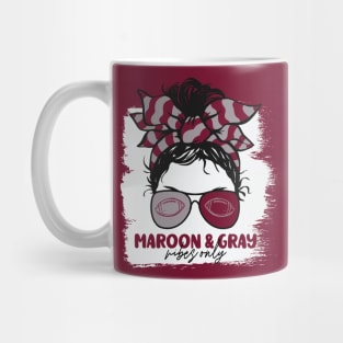 Maroon and Gray Vibes Only Football Mom Messy Hair Gameday Mug